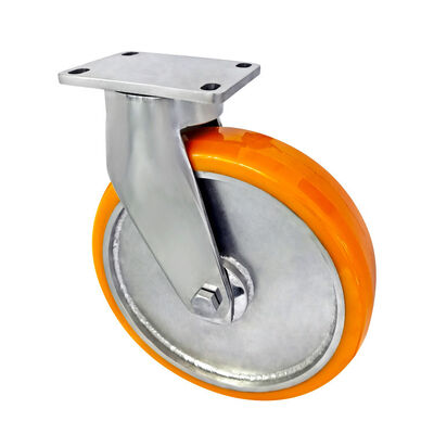 Acier inoxydable 304 Ultra Heavy Orange Aluminium Rim Cast PU Double roue de ricin à roulement à billes