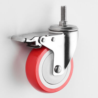 Double Ball Bearing Medium Duty Waterproof Stainless Steel Red PU Casters Wheel