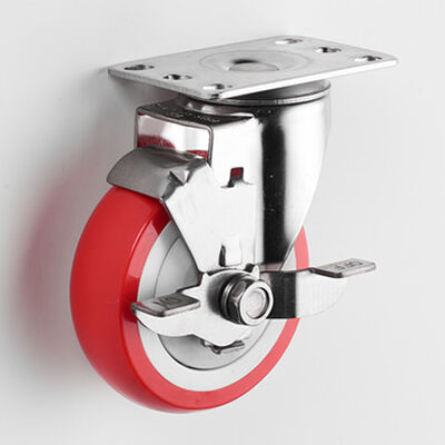 Double Ball Bearing Medium Duty Waterproof Stainless Steel Red PU Casters Wheel