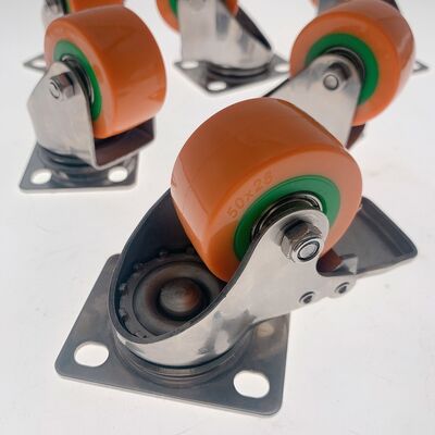 50mm Stainless Steel Heavy Duty PU Casters Wheel With Brake 2 Inch Low Gravity PU Casters Wheel With Double Bearing