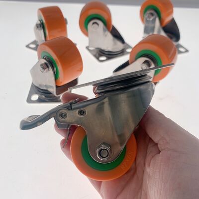 50mm Stainless Steel Heavy Duty PU Casters Wheel With Brake 2 Inch Low Gravity PU Casters Wheel With Double Bearing