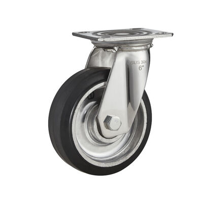 Industrial Heavy Duty 4/5/6/8" Aluminum Core Elastic Rubber Swivel Caster Wheel with Double Ball Bearings and Brake 304 Stainless Steel Black